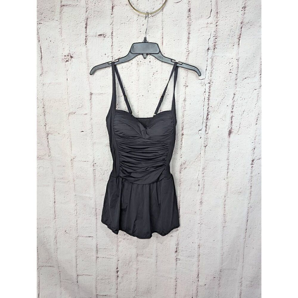 Rose Marie Reid Women One Piece CrossOver‎ Skirted Swimsuit Black Size S NWOT
